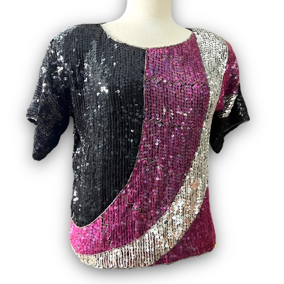JLB Paris Hong Kong 100% Silk Fully Sequined Top 1980s Abstract Colorblo… - Picture 5 of 12